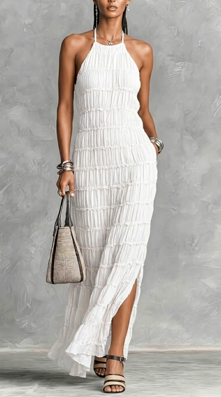Women's Cotton-Blend Halter Neck Tiered Maxi Dress for Castle Events