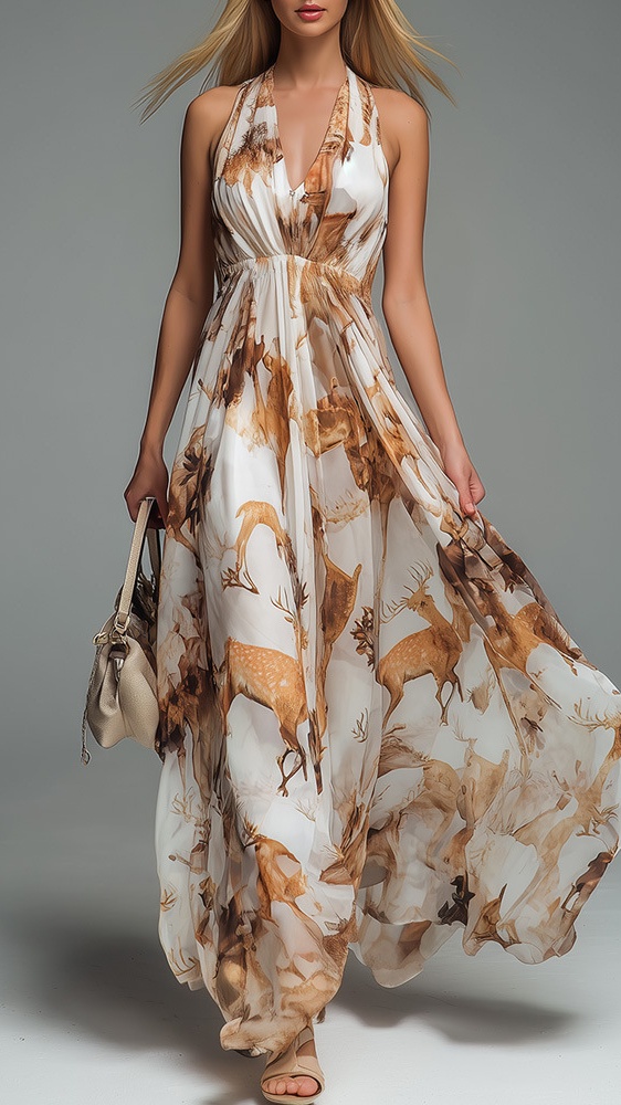 Women's V-neck halter neck printed casual dress