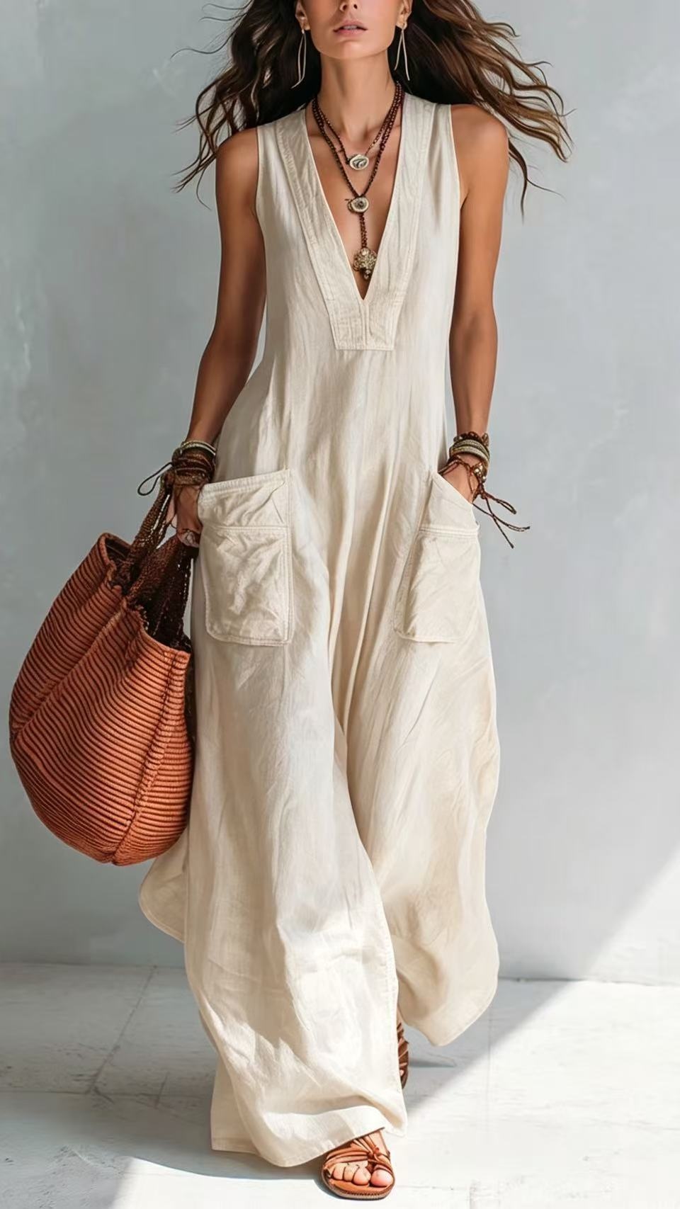 Women's cotton-linen solid color V-neck casual loose jumpsuit with large pockets