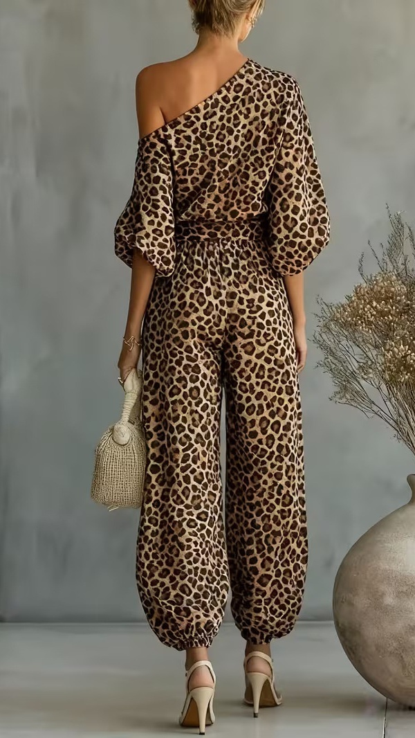 Women's Leopard Print Set: One-Shoulder Top and Harem Pants