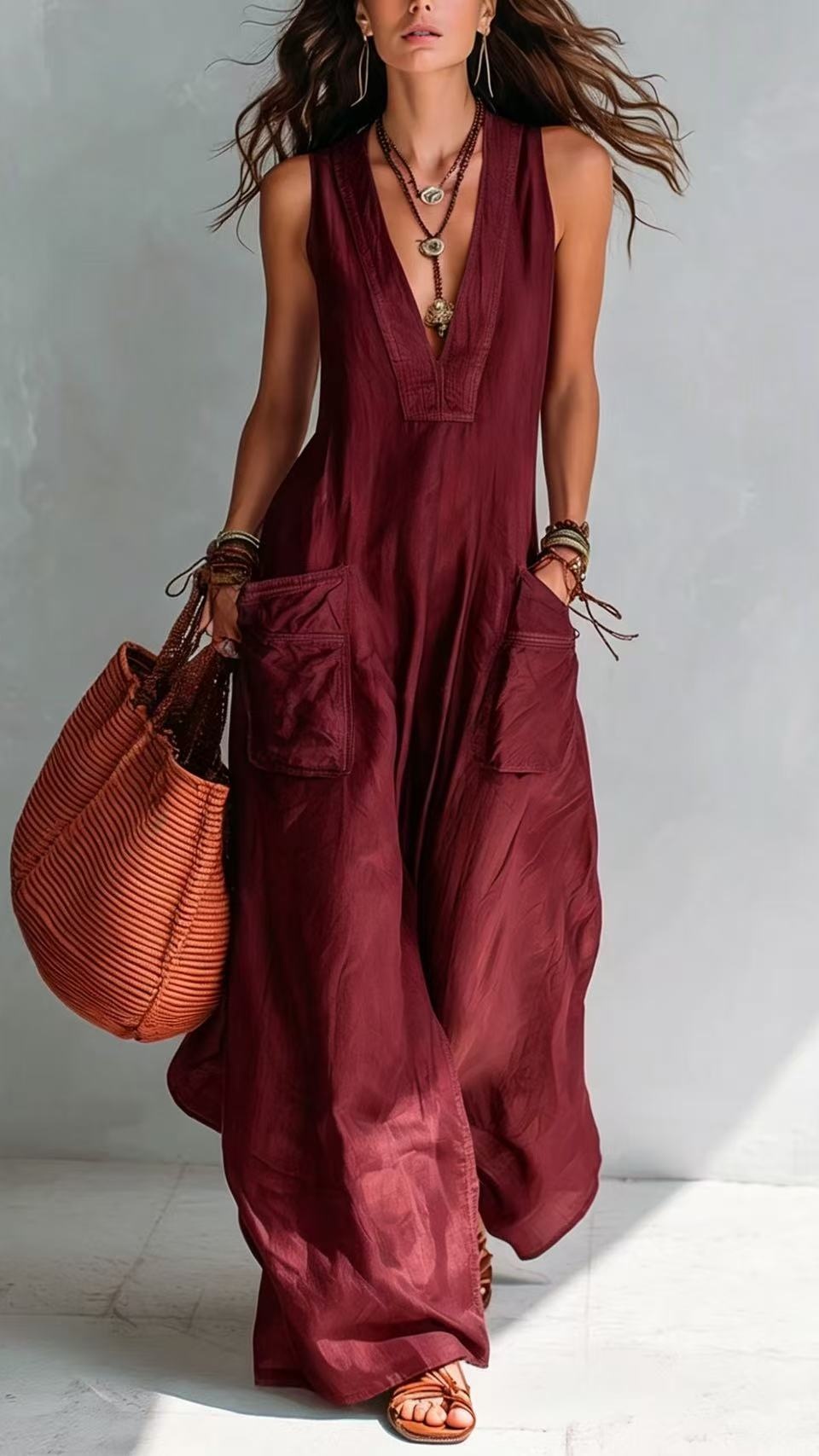 Women's cotton-linen solid color V-neck casual loose jumpsuit with large pockets