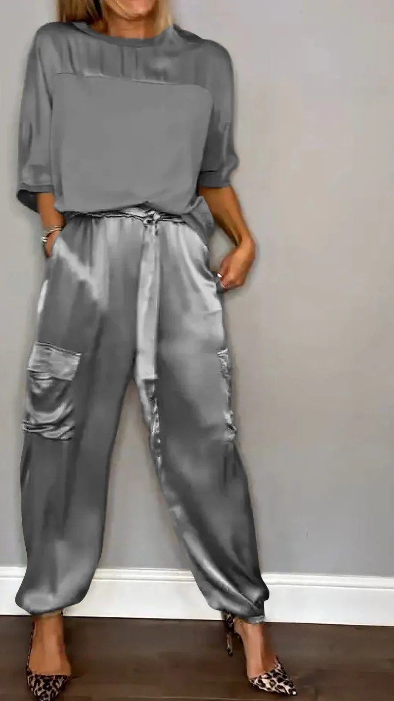 Women's Silky Loose-Fit Top and Pants Two-Piece Set