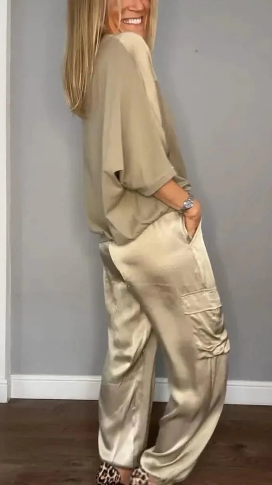 Women's Silky Loose-Fit Top and Pants Two-Piece Set