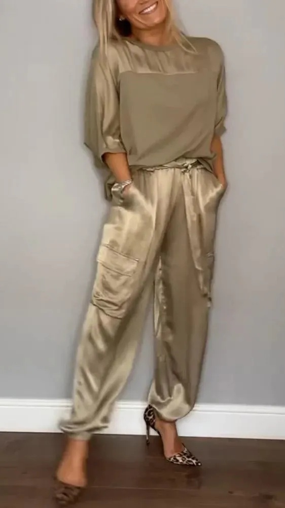 Women's Silky Loose-Fit Top and Pants Two-Piece Set