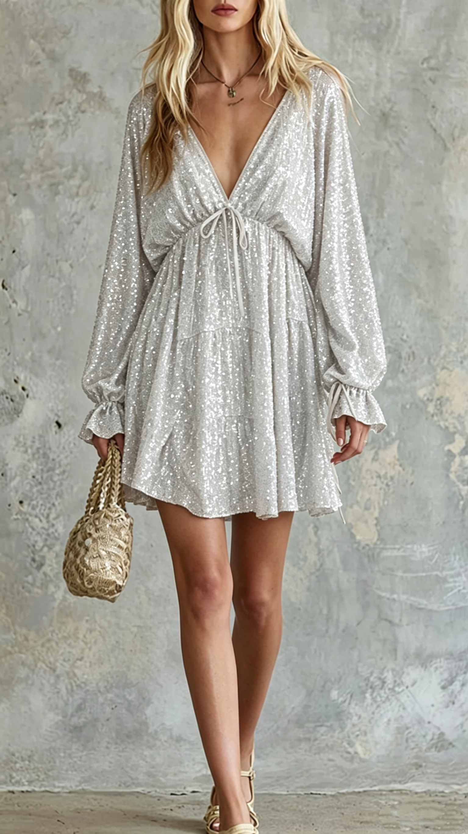 Women's Cotton-Blend Deep V-Neck Sequin Mini Dress for Party Events