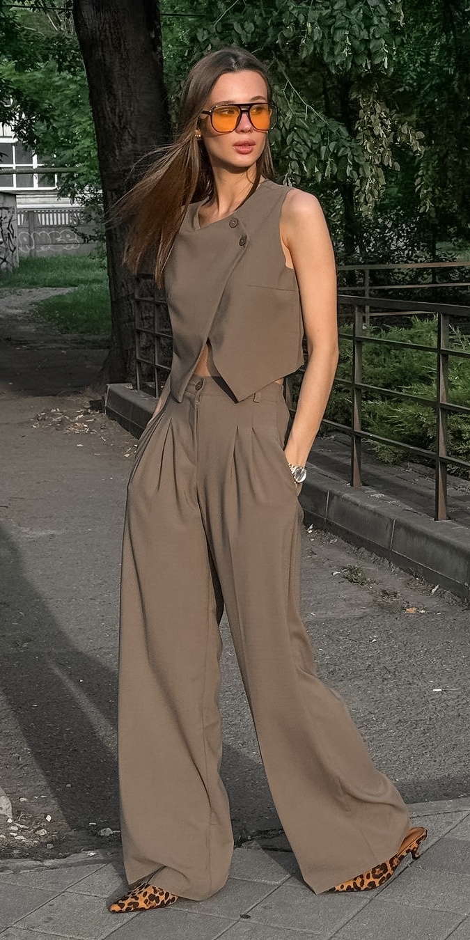 Women's Cotton-Blend Asymmetrical Vest & Wide-Leg Trouser Set for Office and City Chic Style