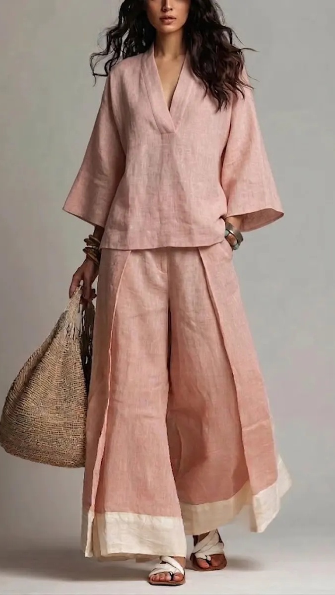 Women's Cotton-Linen French-Style V-Neck 3/4-Sleeve Shirt & Contrast Wide-Leg Pants Set