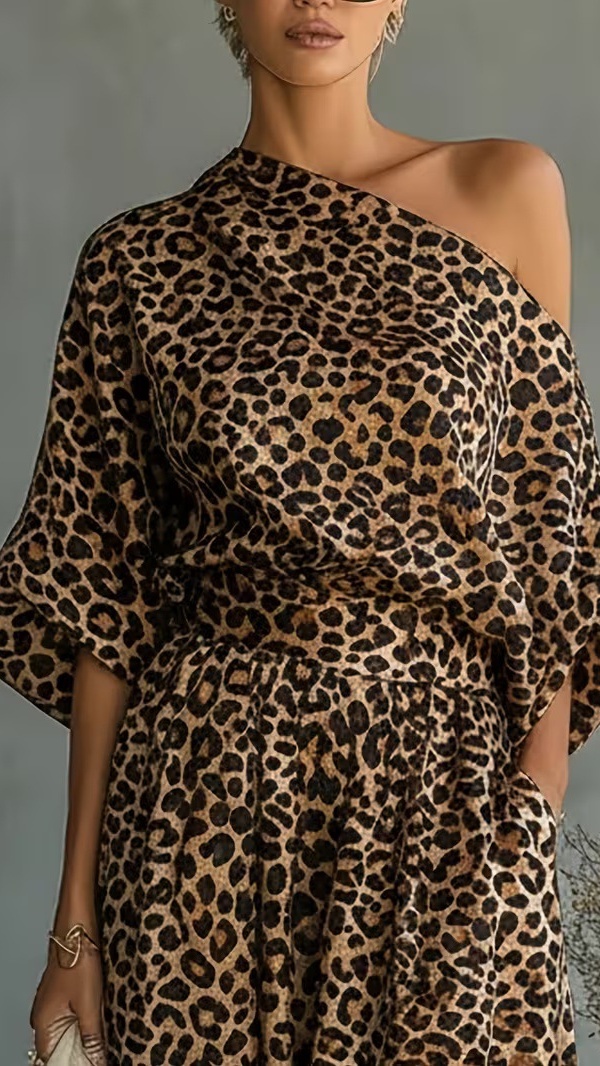 Women's Leopard Print Set: One-Shoulder Top and Harem Pants