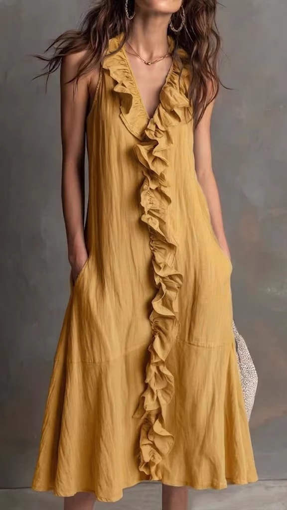 A casual loose V-neck lace sleeveless dress for ladies