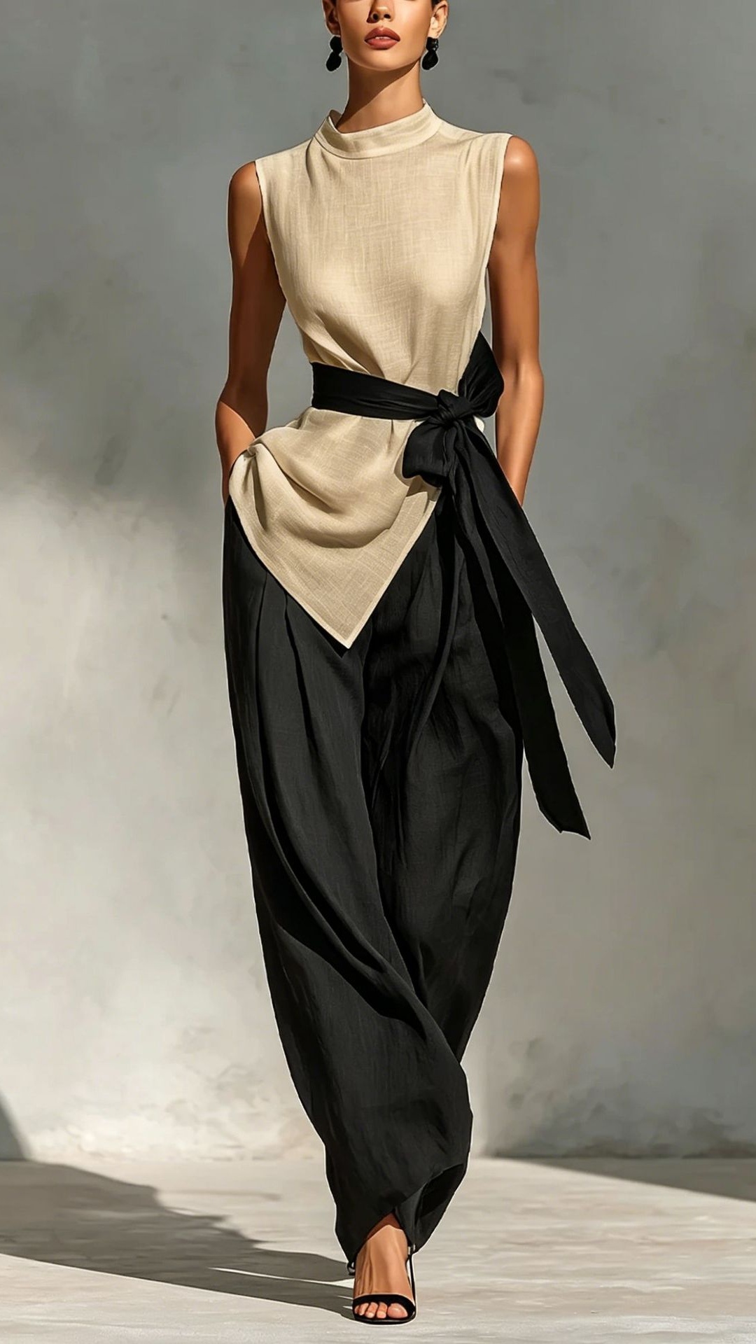 Women's Tie-Front Sleeveless Tencel-Linen Top + Wide-Leg Pants 2-Piece Set