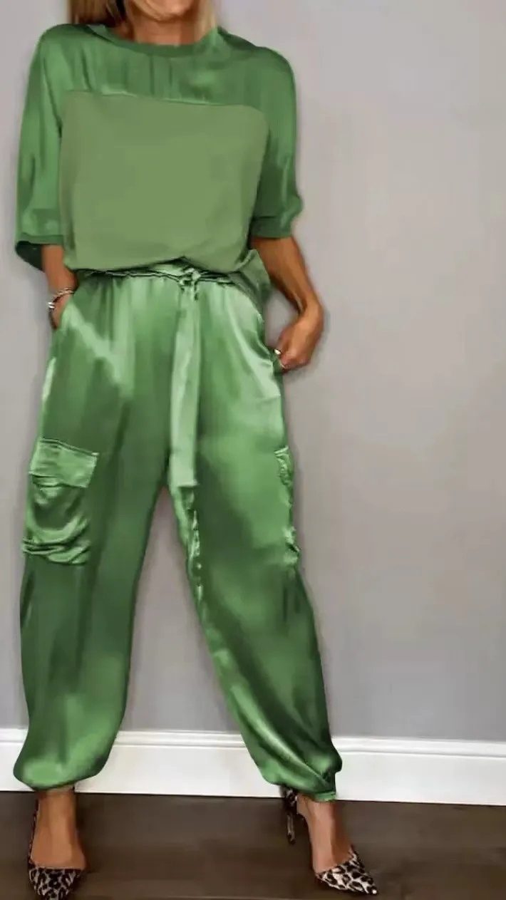 Women's Silky Loose-Fit Top and Pants Two-Piece Set