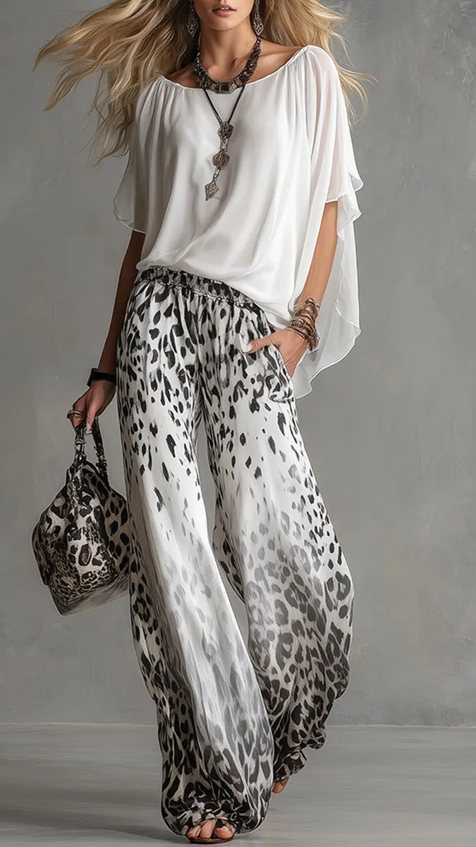 Women's Fashion Two-Piece Set: White T-Shirt & Leopard Print Chiffon Pants