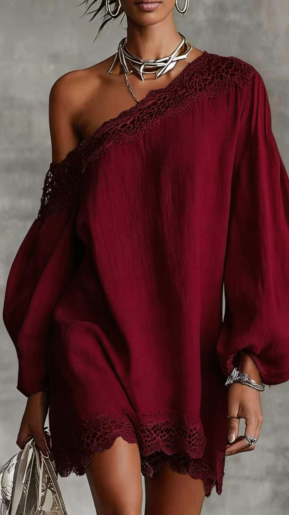 Women's solid color lace trim off-shoulder long-sleeved dress