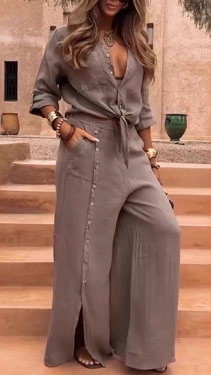 A loose solid color two-piece set with buttons for ladies