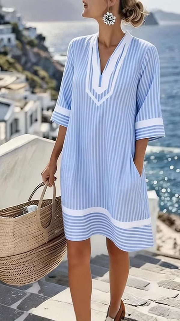 Women's beach vacation style V-neck printed loose beach dress