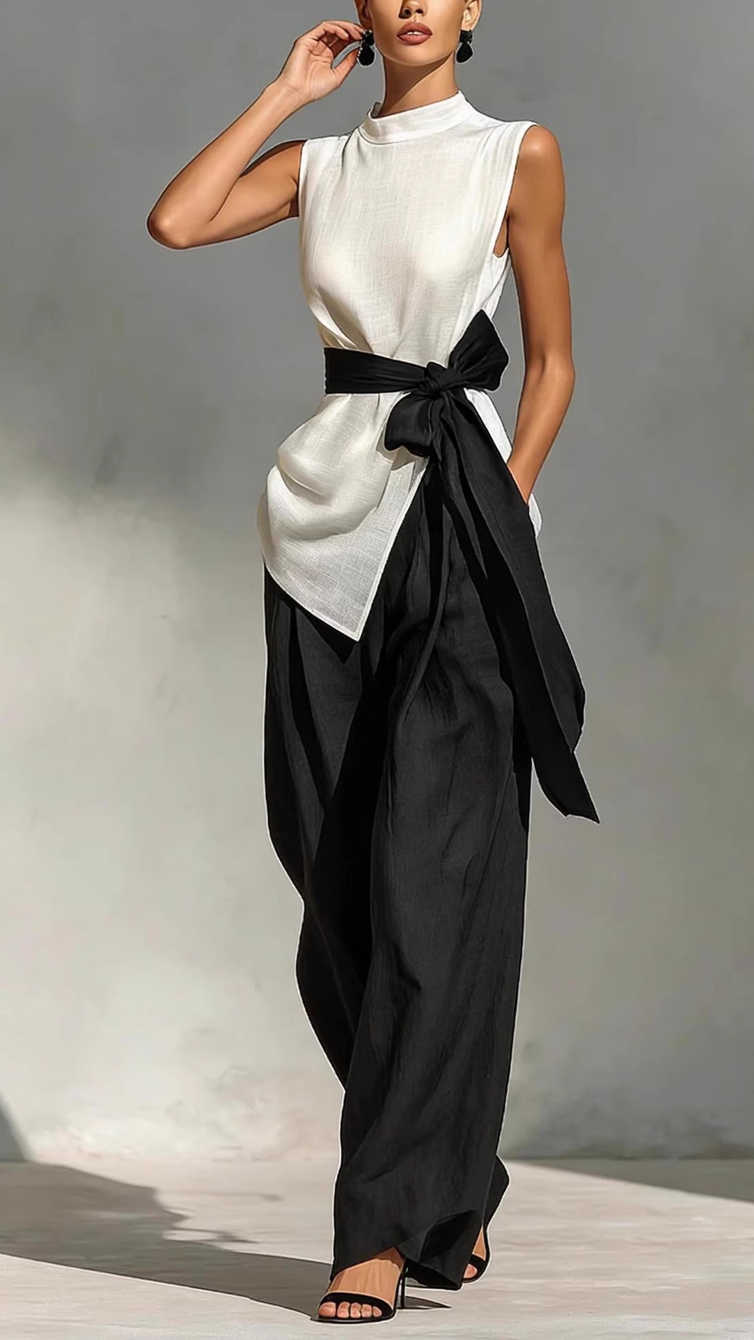 Women's Tie-Front Sleeveless Tencel-Linen Top + Wide-Leg Pants 2-Piece Set