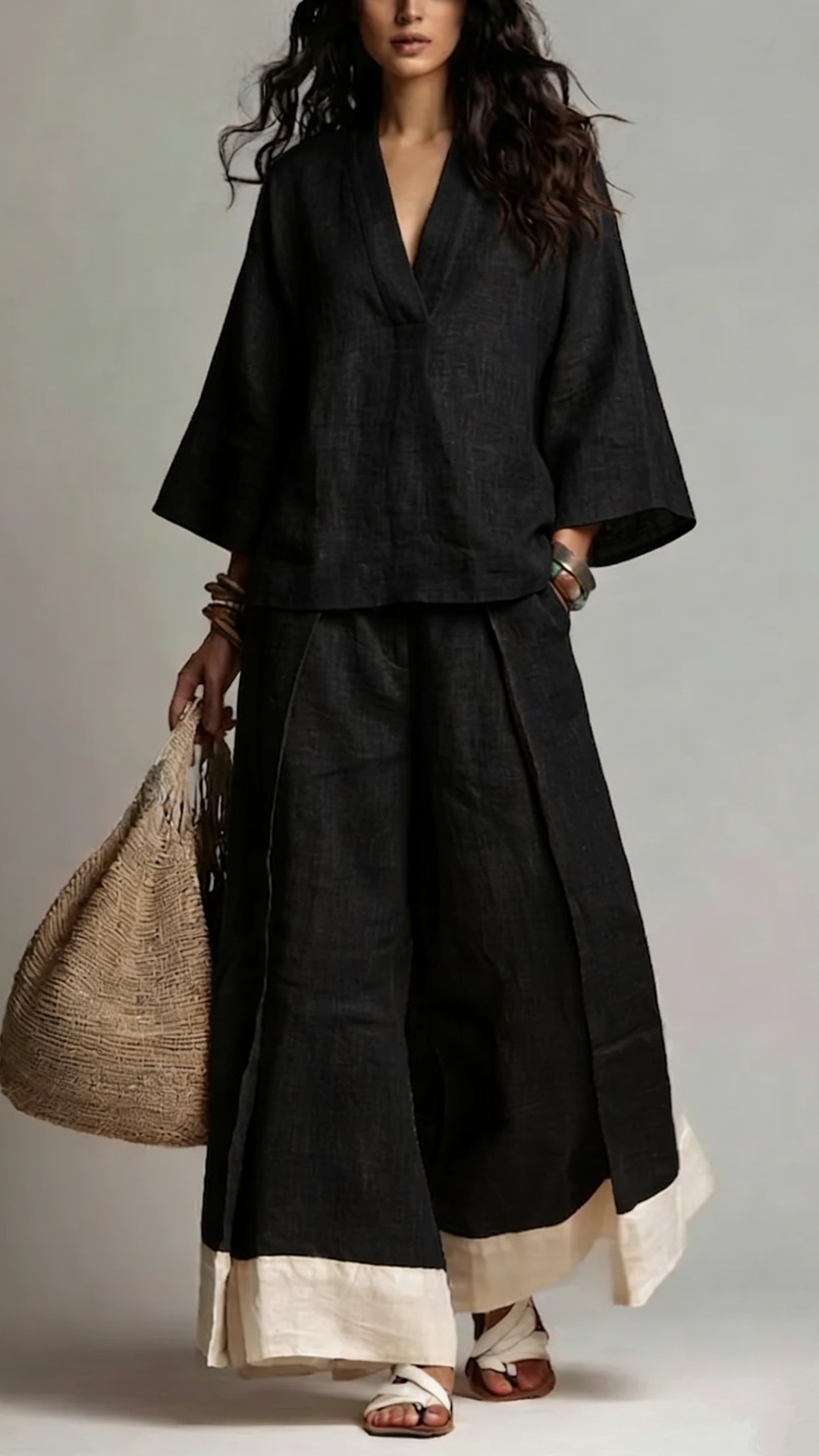 Women's Cotton-Linen French-Style V-Neck 3/4-Sleeve Shirt & Contrast Wide-Leg Pants Set