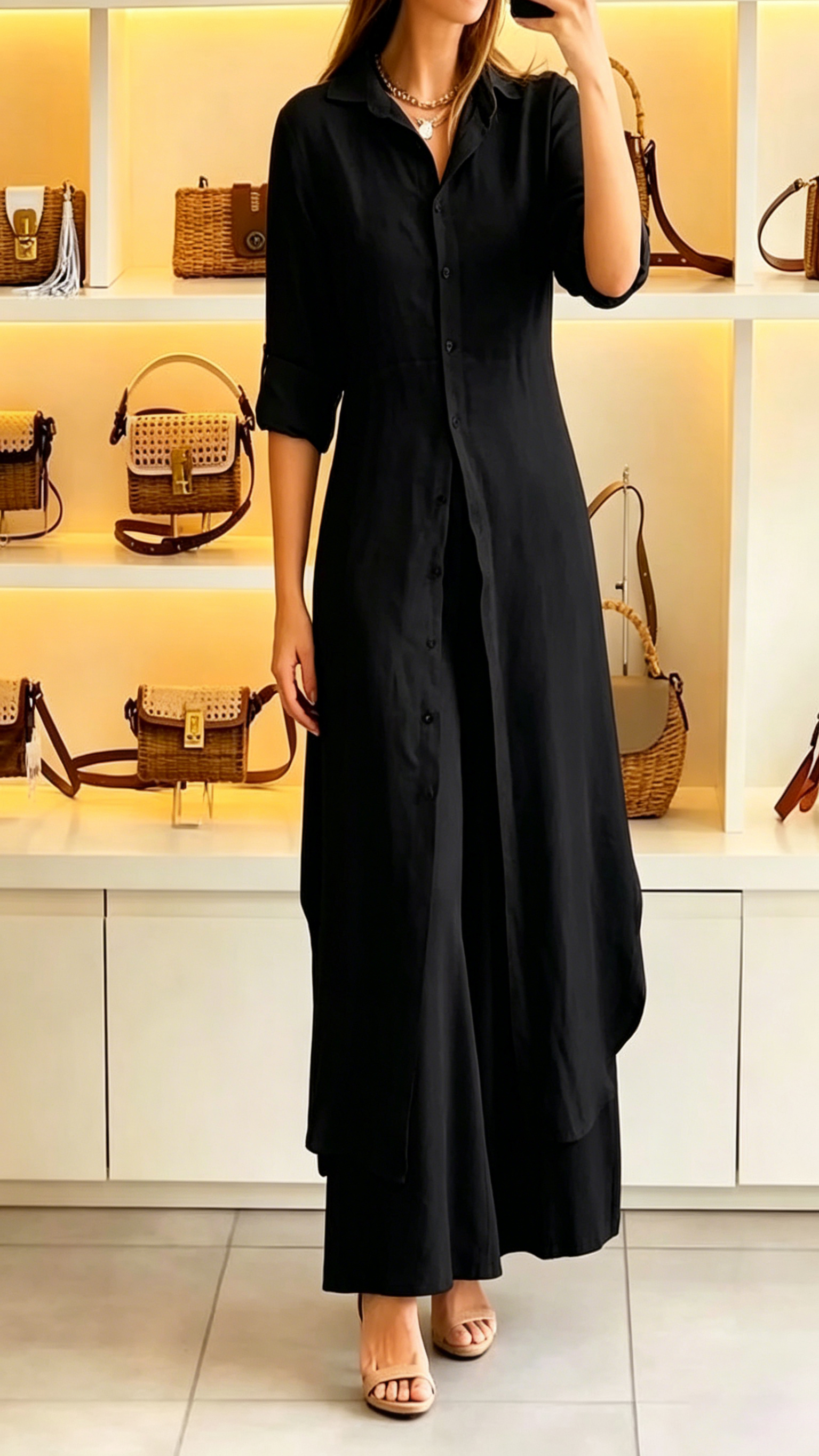 Women's Casual Two-Piece Set: Long Collared Top and Trousers