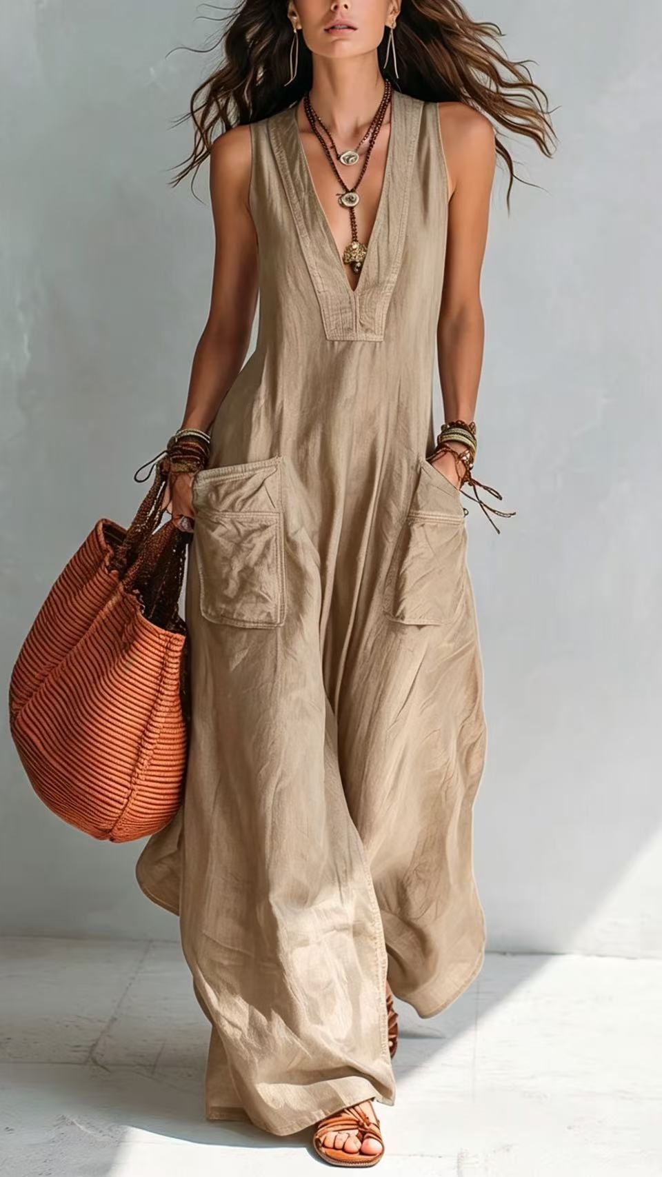 Women's cotton-linen solid color V-neck casual loose jumpsuit with large pockets