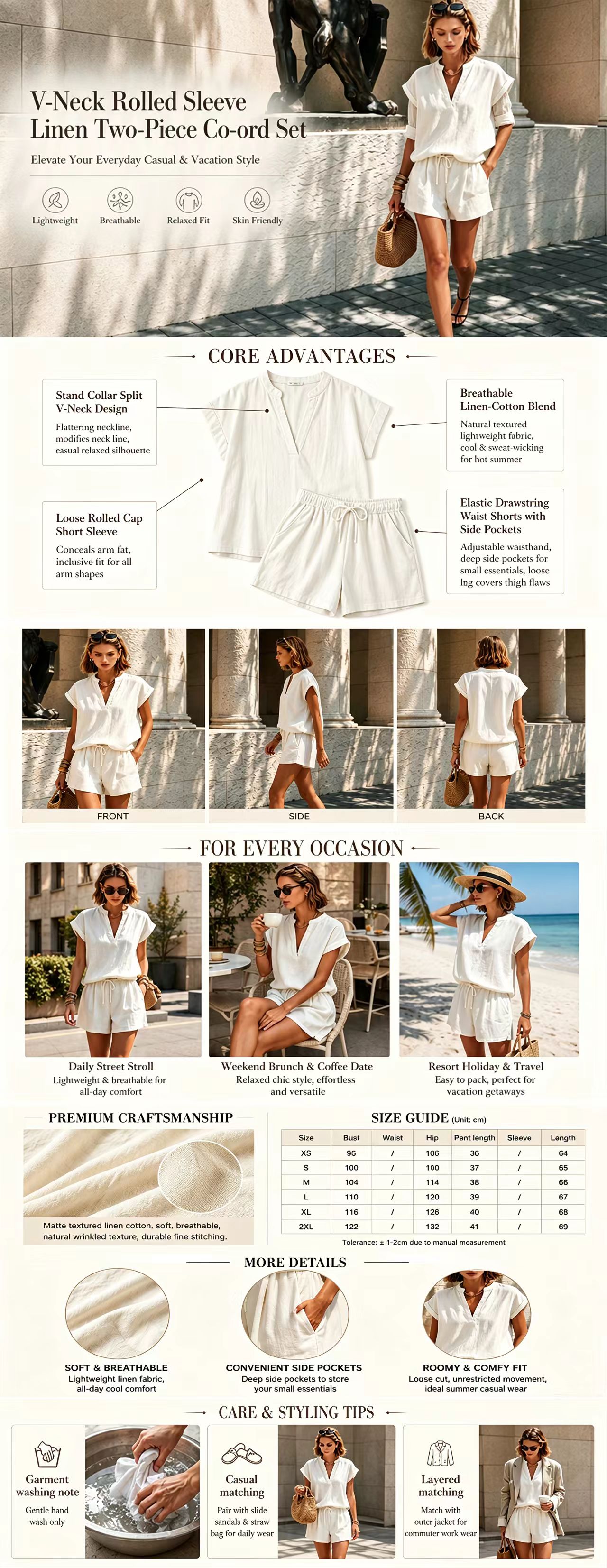 Women Resort-Style V-Neck Casual Top and Shorts Set
