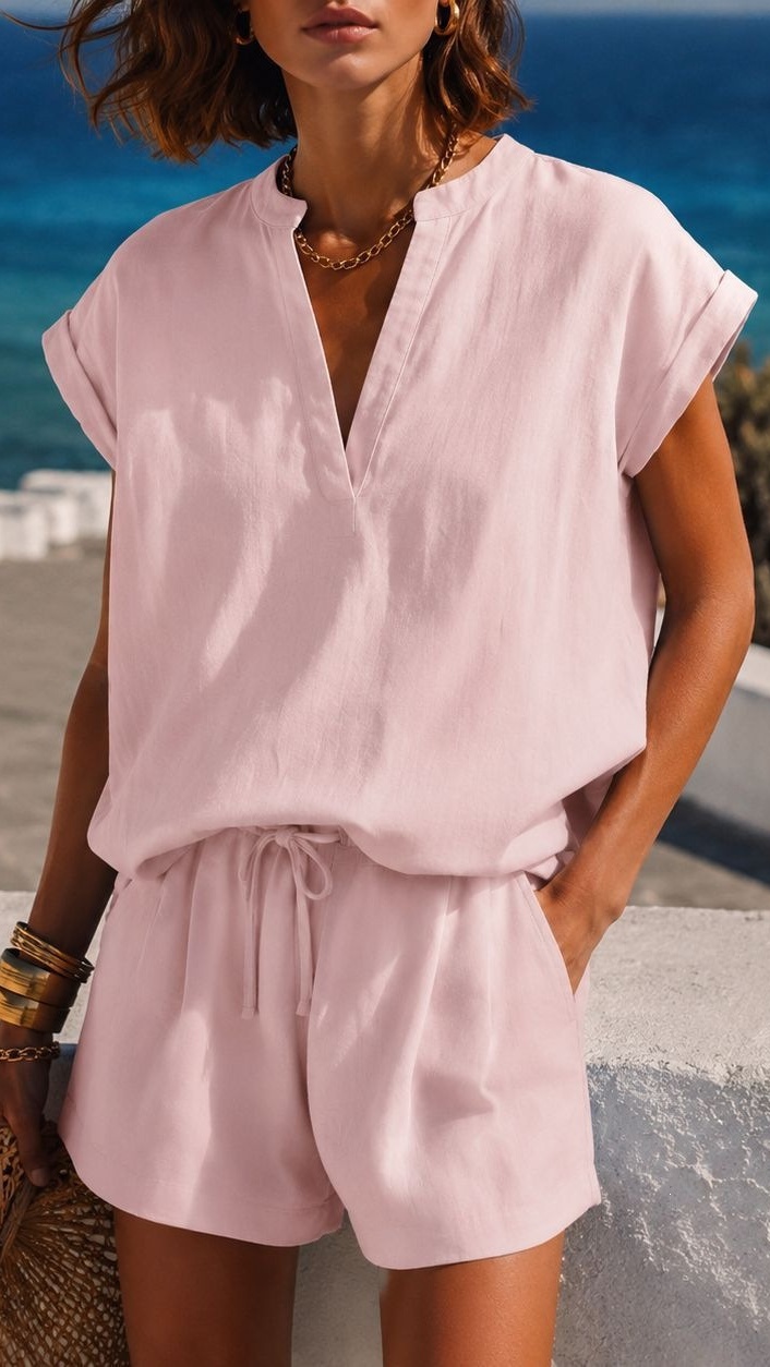 Women's Resort-Style V-Neck Casual Top and Shorts Set