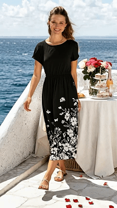 Elegant Short-Sleeve Timeless Black & White Floral Midi Dress with Floral Pattern