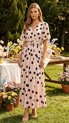 Blush & Black Polka Dot V-Neck Short Sleeve Flowy Dress with Waist-Cinching Belt