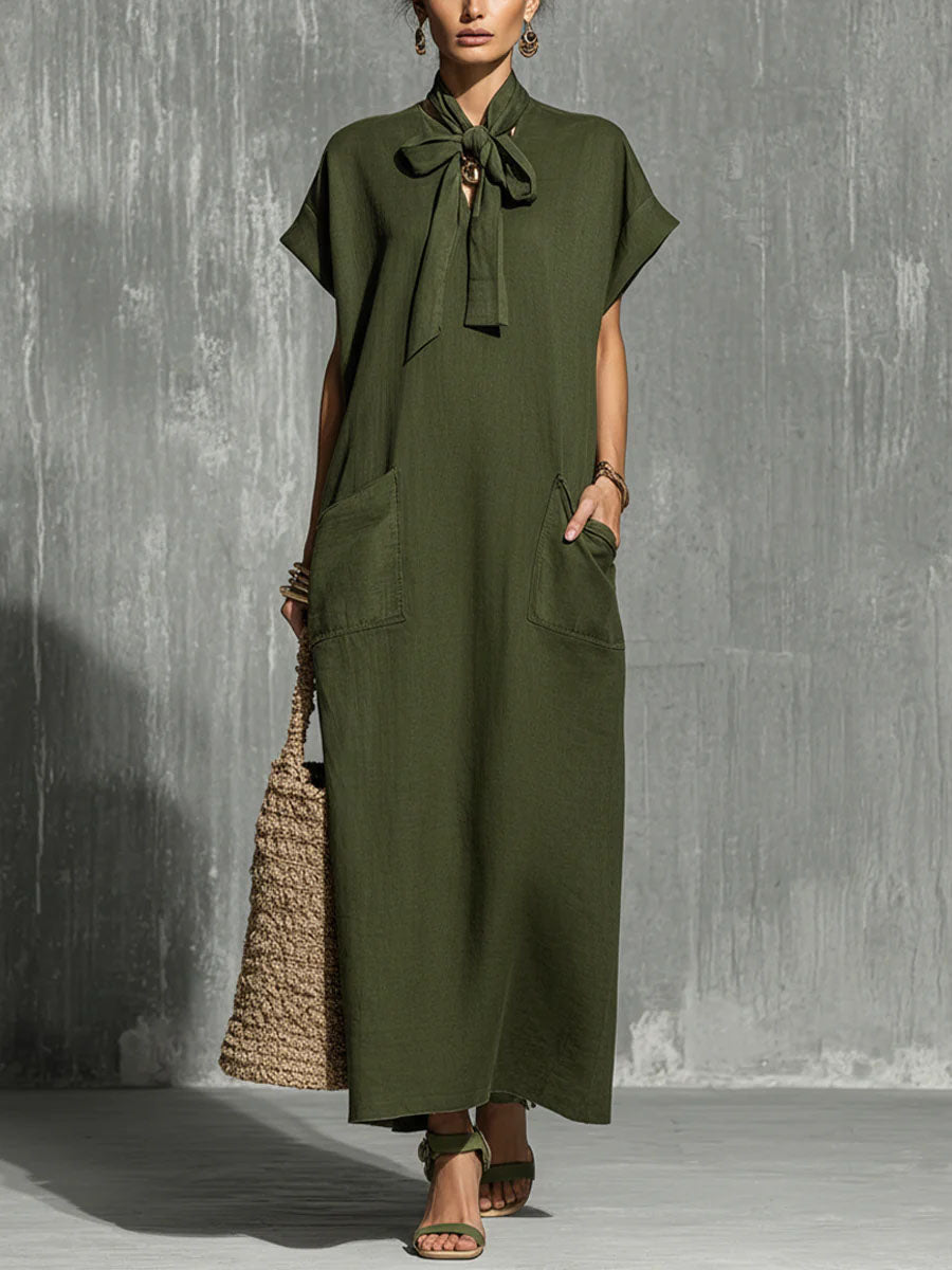 Women's Solid-color V-neck Short-sleeve Casual Loose Cotton-linen Dress