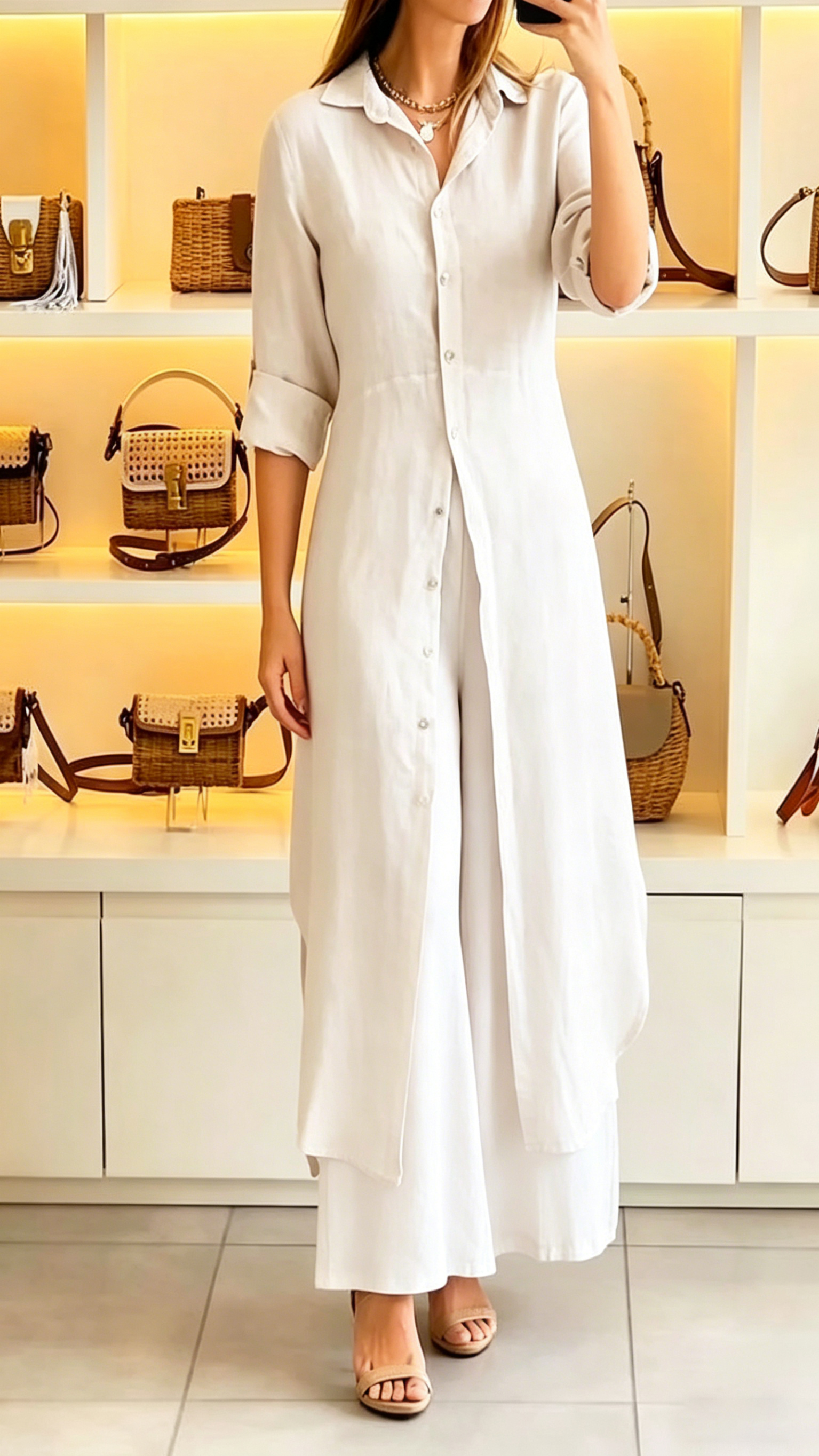 Women's Casual Two-Piece Set: Long Collared Top and Trousers