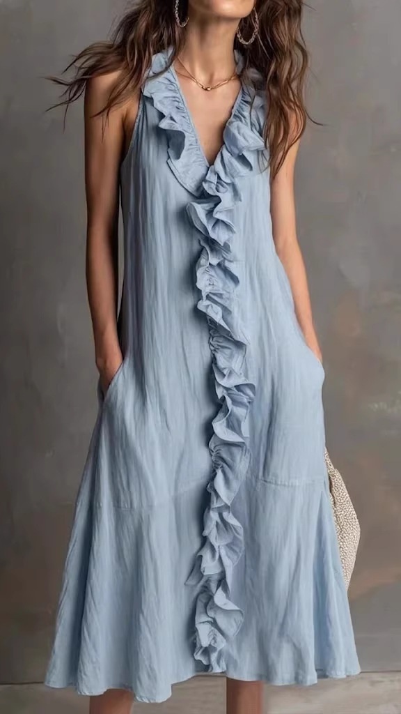 A casual loose V-neck lace sleeveless dress for ladies
