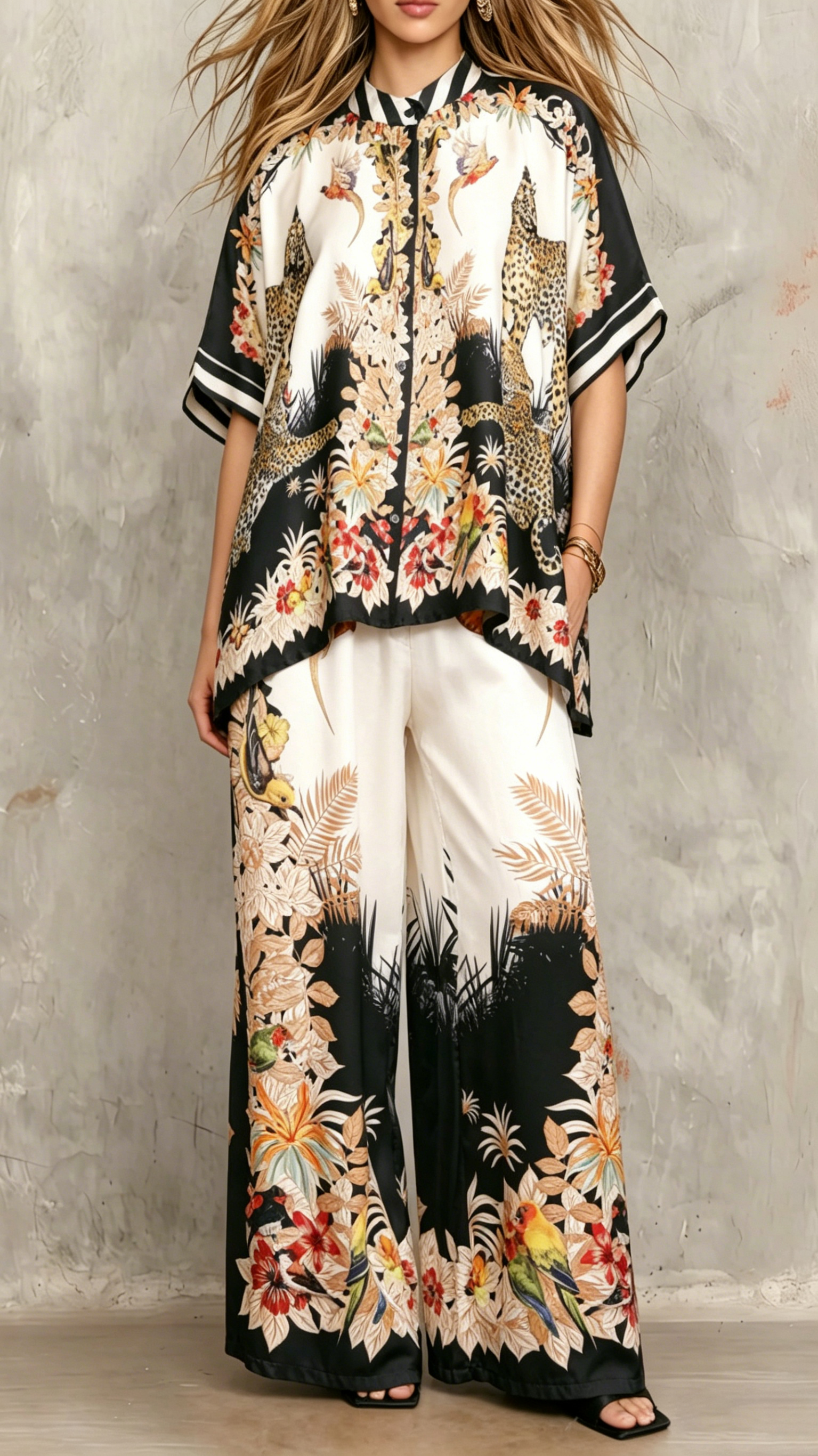 Two-piece casual satin printed bat sleeve set for ladies