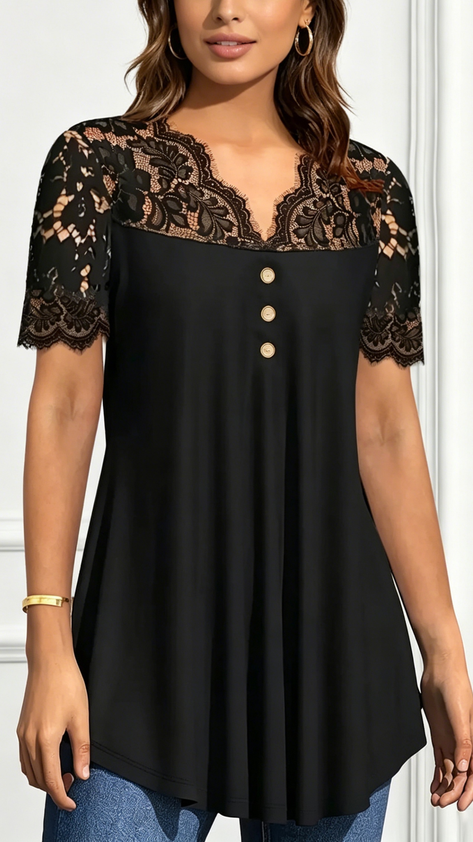 Women's Lace V-Neck Waist-Cinching Top