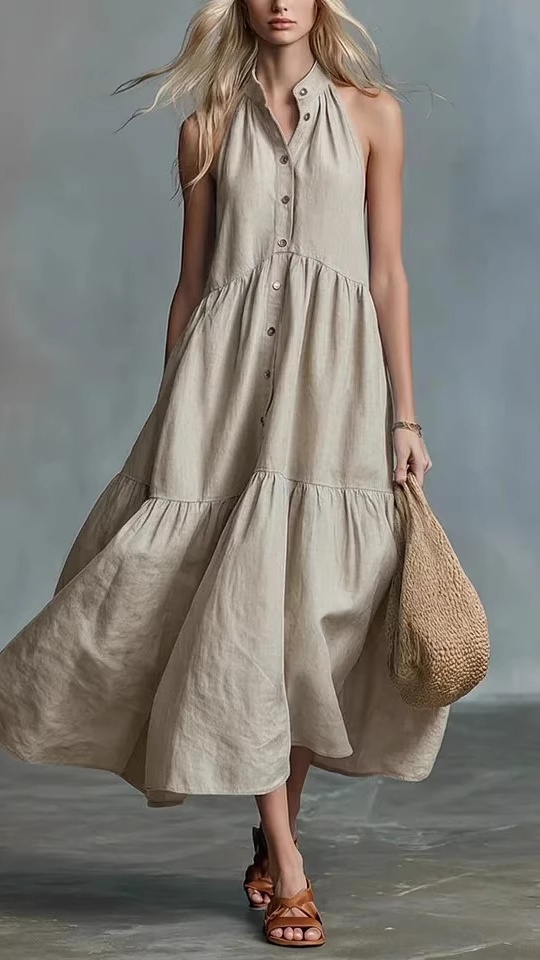 Women's Sleeveless Casual Loose Linen Button-Down Vest Dress