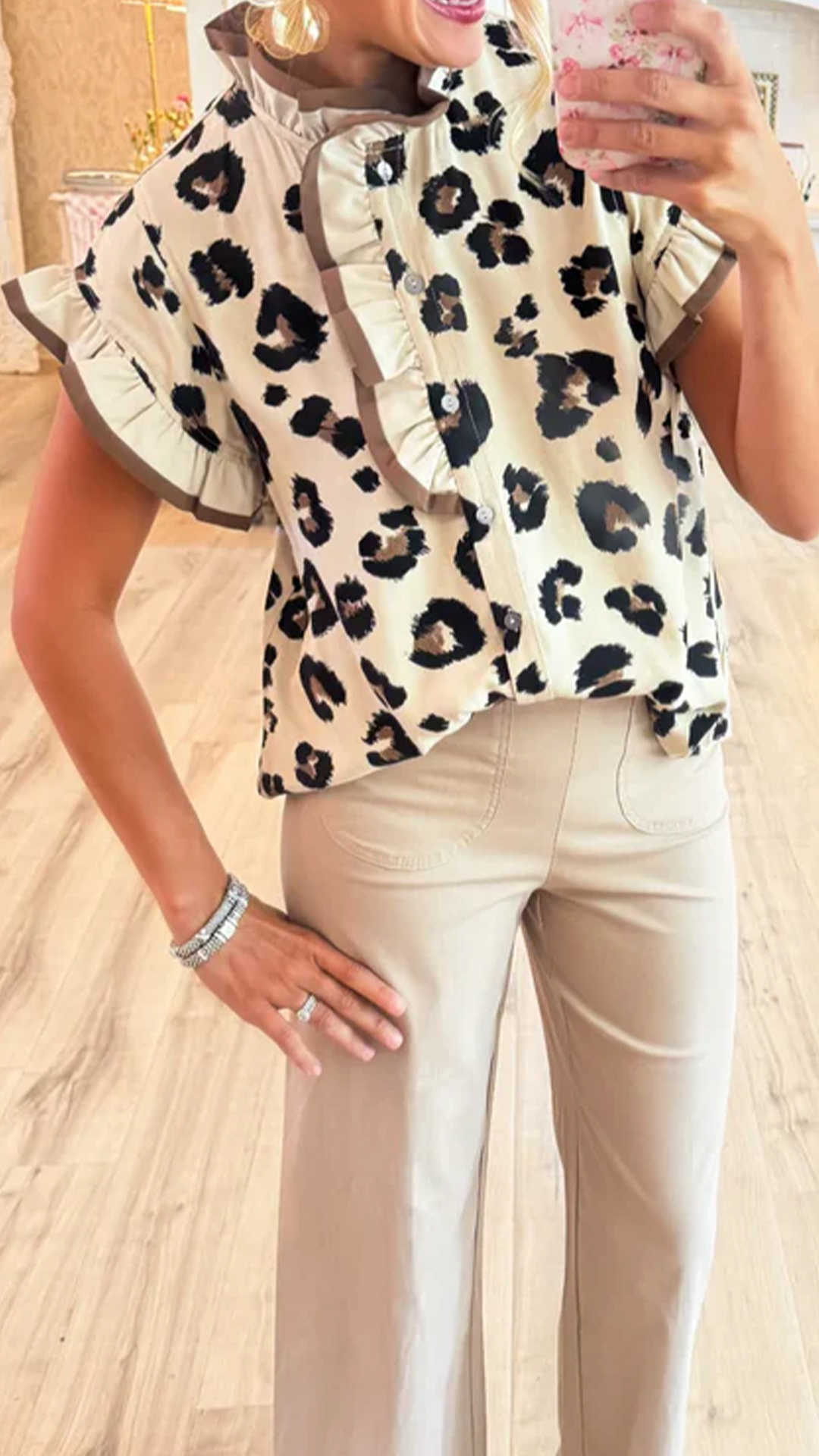 Women's  Leopard Patchwork Ruffled Edge Loose Short Sleeve Shirt