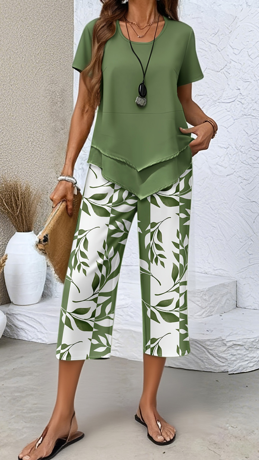 Women‘s Irregular Hem Printed Loose Short Sleeve Two-Piece Set