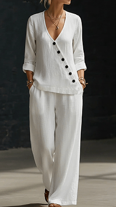 Minimalist V-neck Shirt And Wide-leg Pants Two-piece Set