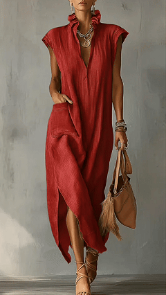 Women’s Ruffle Collar Cotton Linen Midi Dress – Elegant Summer Dress