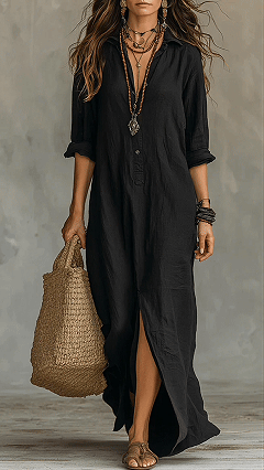 Casual Solid-color Linen-cotton Dress