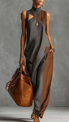 Fashionable Color-blocked Linen-cotton Maxi Dress