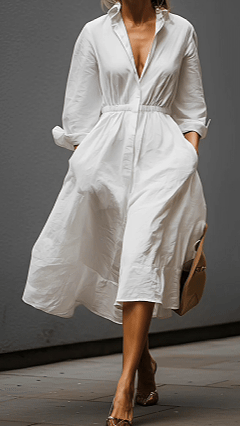 Independent Amazon Women'S White Shirt Collar Elastic Waist Dress Classic Simple Fashion Style Dress