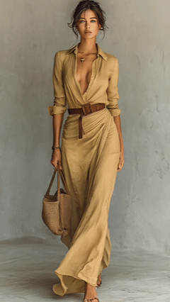 Ladies Lapel Single Breasted Long Sleeve Belted Maxi Dress MDA1500G4Y