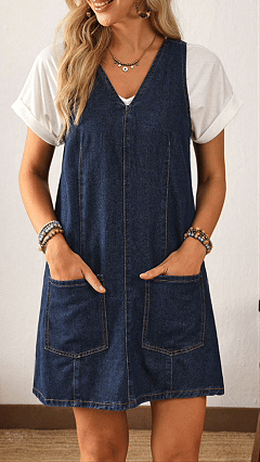 Women's Washed Denim V-Neck Short Dress with Double Pockets