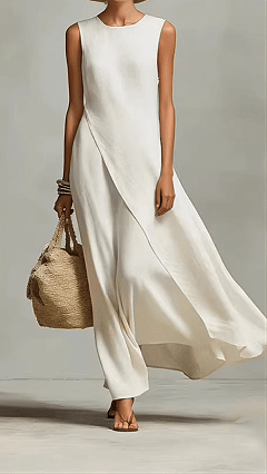 Sleeveless asymmetrical hem cotton-linen blend dress