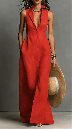 Women's Sleeveless Collared Waist-Cinching Long Shirt Dress