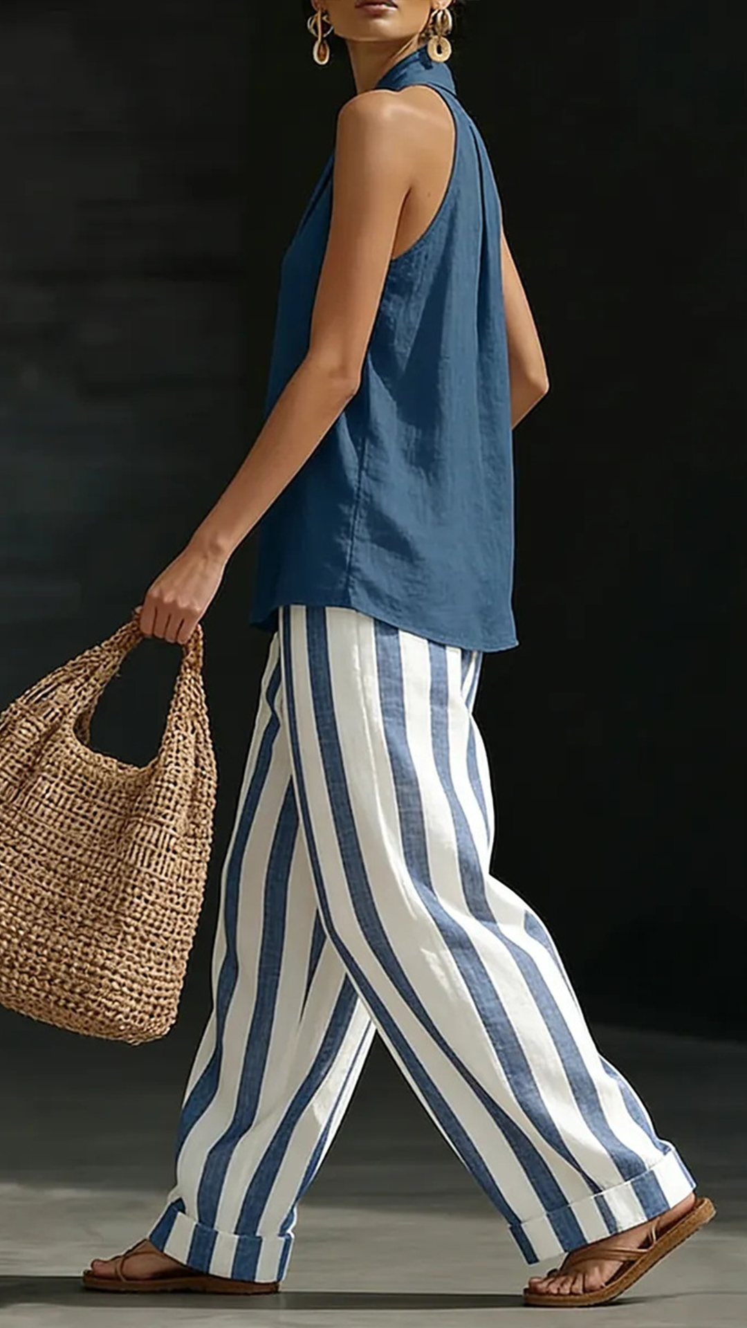 Women's Cotton Linen Halter Stripe Wide-Leg Set