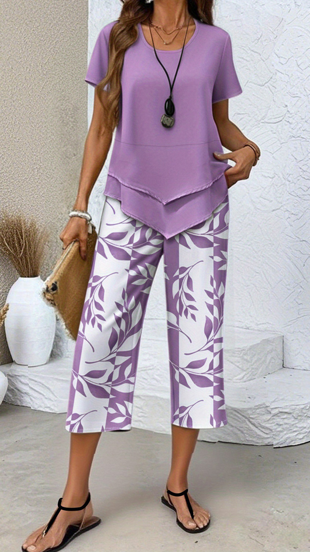 Women‘s Irregular Hem Printed Loose Short Sleeve Two-Piece Set