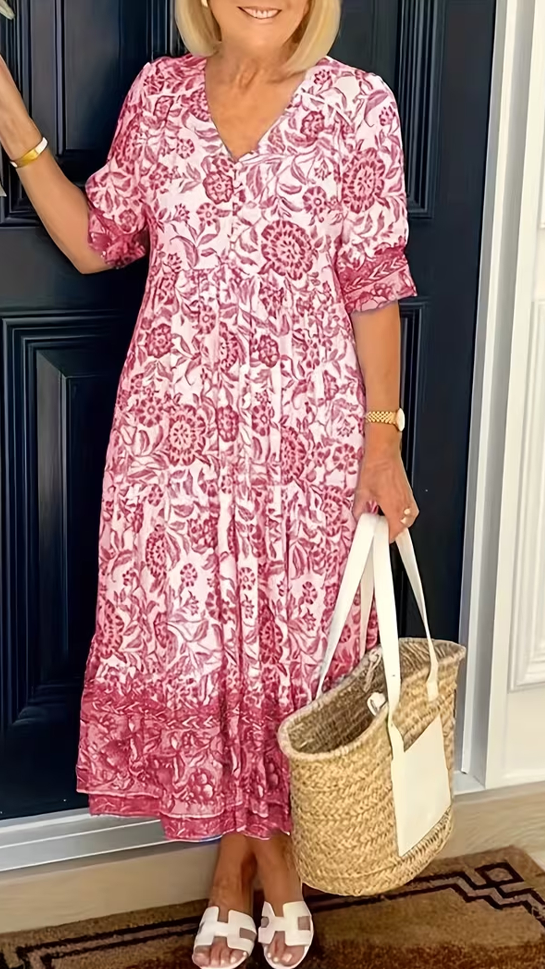 Women's Blue and White Porcelain Print V-Neck Loose Ruffled Midi Dress