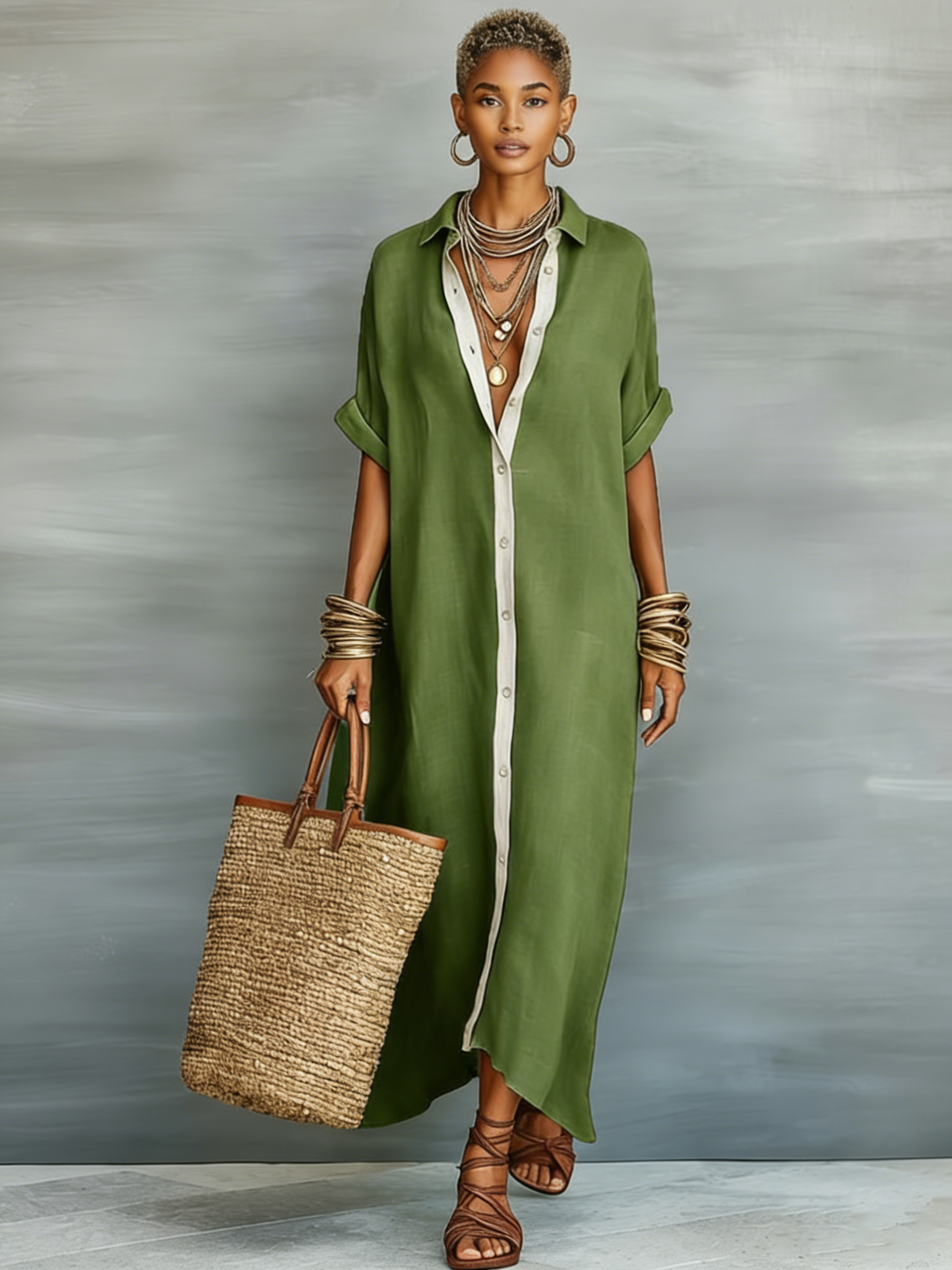 Women's Minimalist Linen Blend Short-sleeved Shirt Maxi Dress