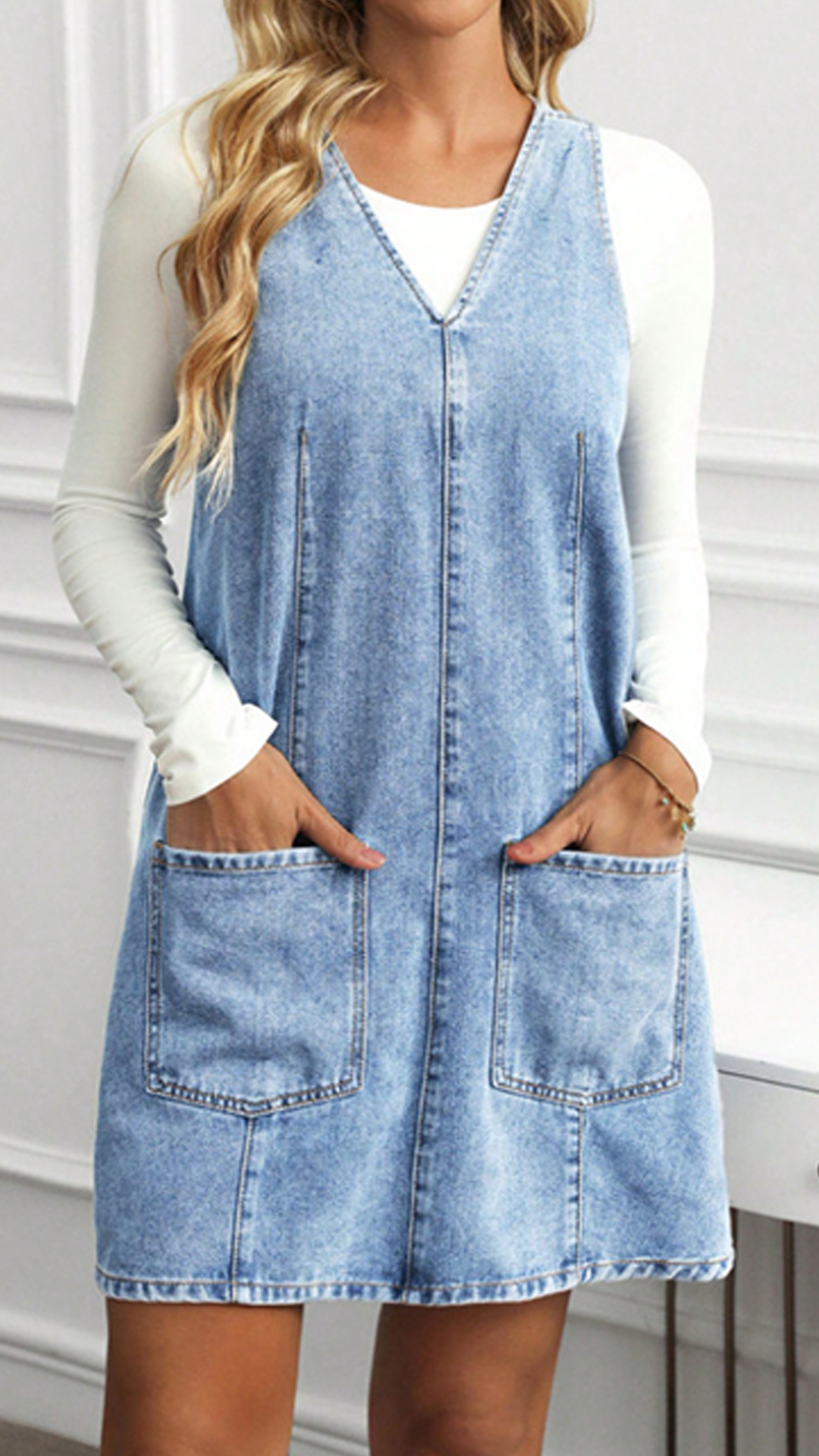 Women's Washed Denim V-Neck Short Dress with Double Pockets