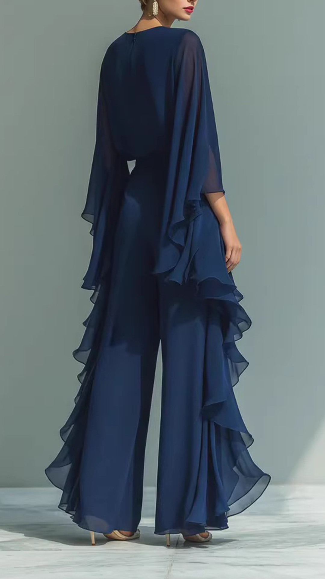 Chiffon Ruffled Bell Sleeve Straight Leg Trousers Set